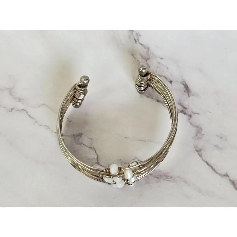 Vintage Multi-Strand Wire Wrap Open Cuff Bracelet White Beads Silver Boho 80s